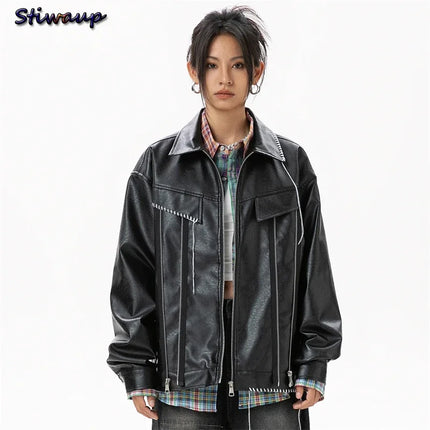Womens Leather Jacket Synthetic Asymmetric Zip STIWAUP by zapcart