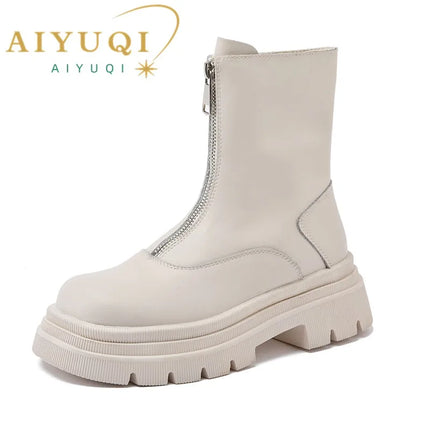 AIYUQI Women Chelsea Boots Genuine Leather Front Zipper