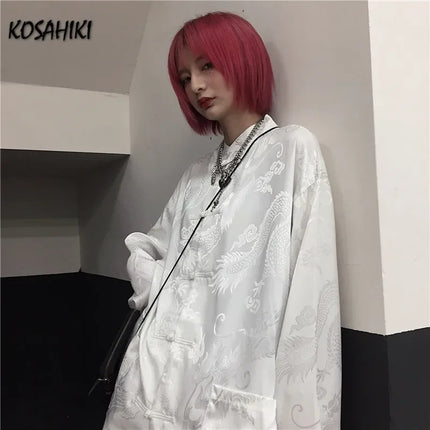 KOSAHIKI Dragon Print Harajuku Blouse Stand Collar Unisex by zapcart