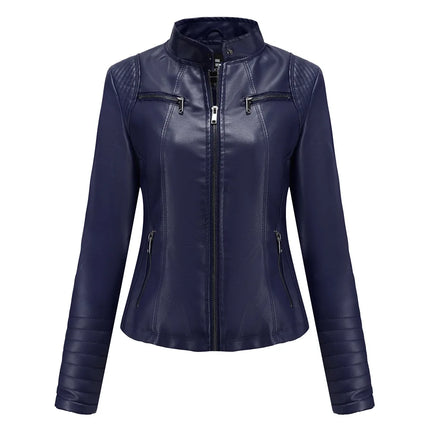 Bright Red PU Leather Jacket For Women Slim V Neck Coat by zapcart