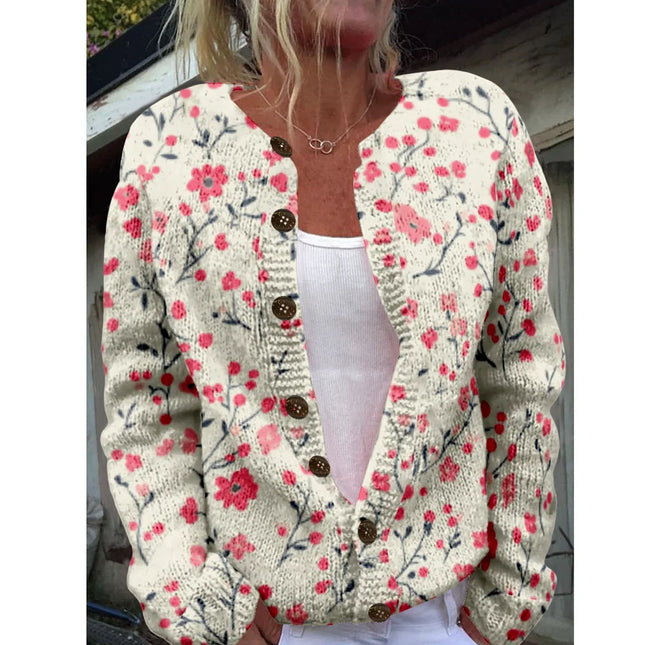 Women Sakura Print Cardigan Knitted Lightweight Long Sleeve by zapcart