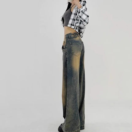 Retro Washed Wide Leg Jeans High Waist For Young Women by zapcart