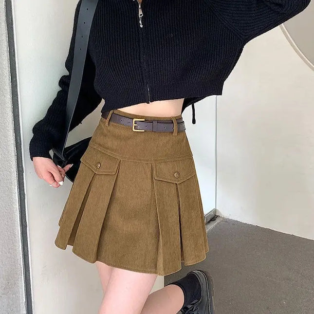 Corduroy Pleated Skirt Women High Waist Slimming Retro by zapcart