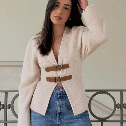 Trafza Women Leather Buckle Woolen Coat Beige Chic Warmth by zapcart