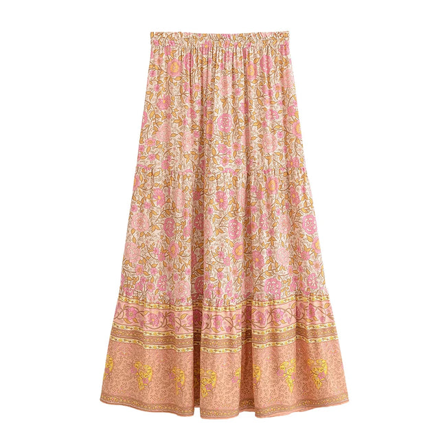 Boho Queens Pink Floral Maxi Skirt For Women Beach Vacation by zapcart