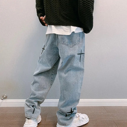 Hengscarying Mens Loose Wide Leg Denim Cargo Jeans Star by zapcart