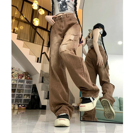 Women Y2K Ripped High Waist Jeans Vintage Washed Pockets by zapcart