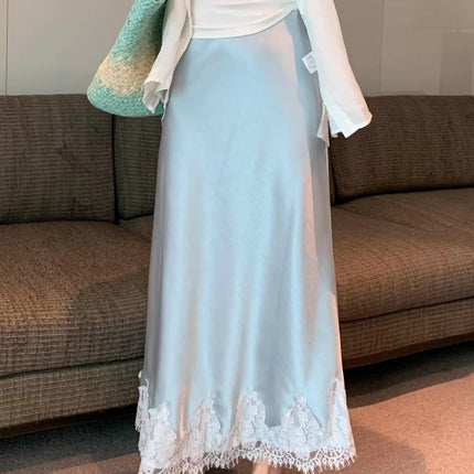 Elegant Satin Lace Long Skirt For Women High Waist A Line by zapcart