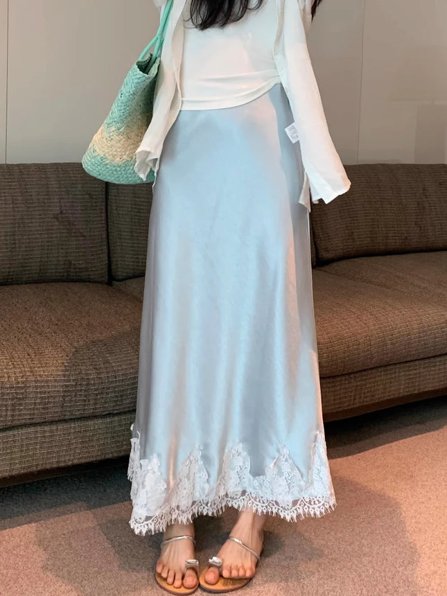 Elegant Satin Lace Long Skirt For Women High Waist A Line by zapcart