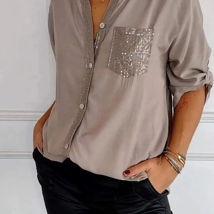 Women V-Neck Sequin Blouse Long Sleeve Chic Office Casual by zapcart