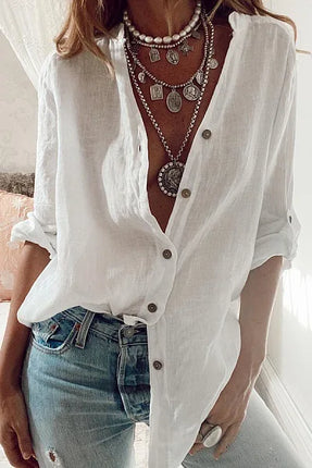Women Cotton Foldable Sleeves Long Sleeve Top V Neck Button by zapcart