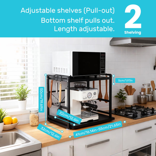 Iron Kitchen Shelf, Microwave Rack, Adjustable Height Extendable Shelf Includes Hooks & Reinforcement Suction Cups Easy Assembly by zapcart