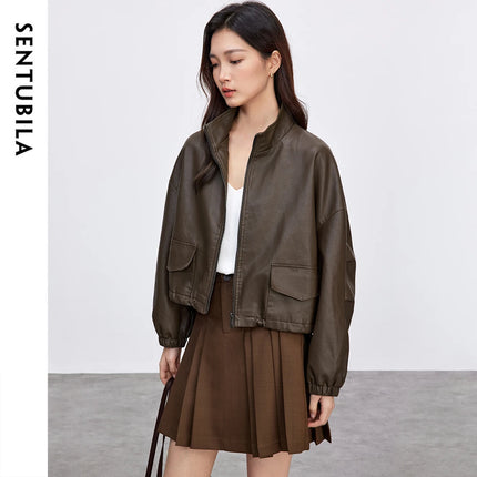 SENTUBILA Leather Jacket Women Vintage PU Stand Collar Chic by zapcart