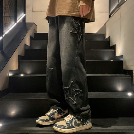 CN Guangdong Star Embroidered Men Jeans Wide Leg Streetwear by zapcart