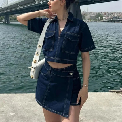 TRAF Blue Denim Shirt Cropped Short Sleeve Women Y2K Trendy by zapcart