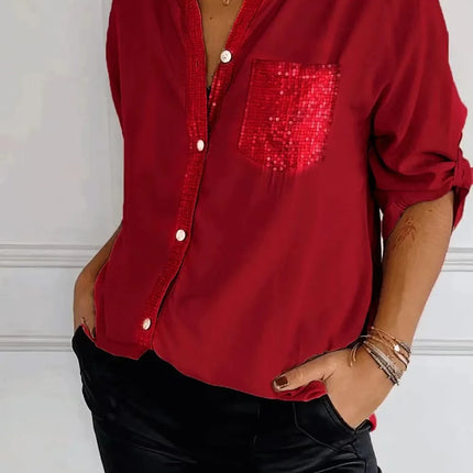 Women V-Neck Sequin Blouse Long Sleeve Chic Office Casual by zapcart