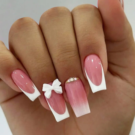 Extra Long Press On Nails Glue Included Bear Bow For Women by zapcart