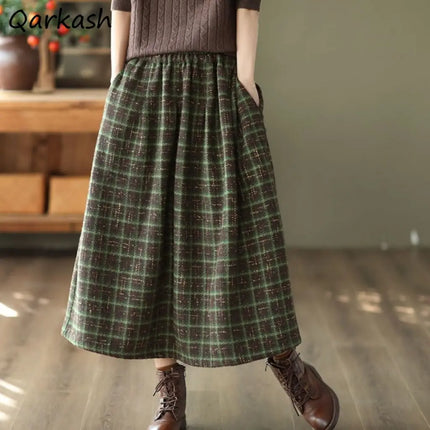 Qarkash Vintage Plaid Midi Skirt For Women High Waist Baggy by zapcart