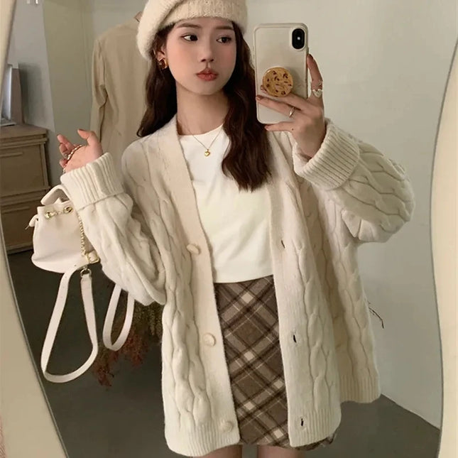 Korean Red Knitted Cardigan For Women Cozy Loose Fit by zapcart