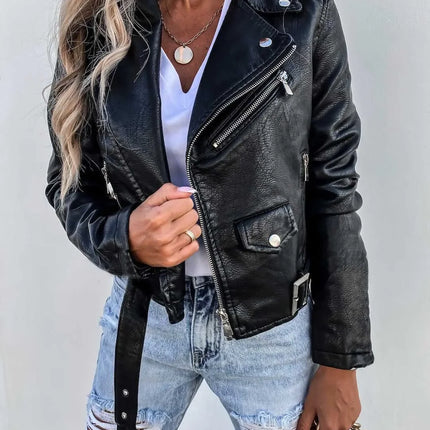 Women PU Leather Coat Slim Fit Streetwear Jacket Zipper by zapcart