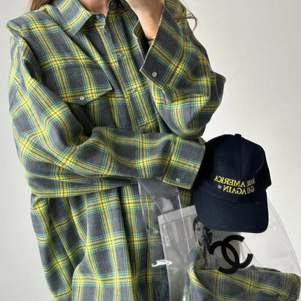 Women Plaid Shirt Oversized Pocket Turndown Collar Blouse by zapcart