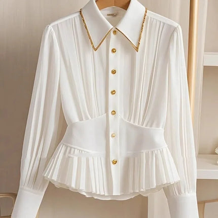 French Hepburn Style Pleated Polo Collar White Shirt Women by zapcart