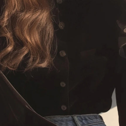 Black Velvet Blouse For Women Ruffled Stand Neck Top by zapcart