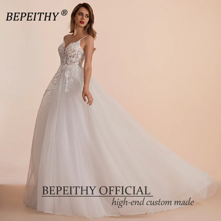 BEPEITHY Boho Ivory Lace A Line Wedding Dress for Bride by zapcart