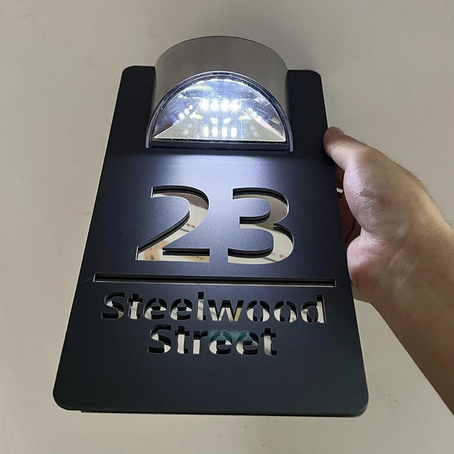 Personalized Exterior lights House Number Sign LED Solar House Sign Custom 3D Laser Cutting Street Family Name Door Sign by zapcart