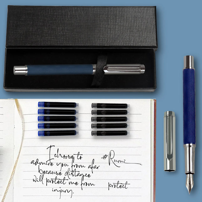 Fountain Pen Medium Nib for Writing & Calligraphy - Fancy Metal Ink Pen with Flowing Water Curve Shape Design, by zapcart