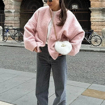 TARUXY Pink Short Fur Jacket For Women Cozy Warmth Everyday by zapcart