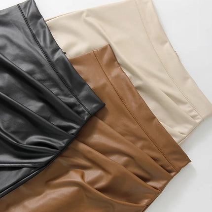 Women Midi PU Leather Skirt High Waist Front Slit Zipper by zapcart