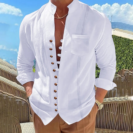 Jiangxi CN Mens Cotton Linen Retro Shirt Stand Collar by zapcart