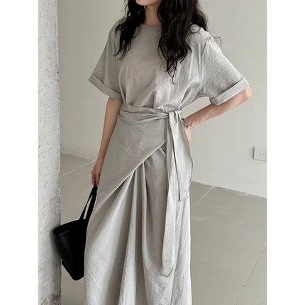 Cross Tie Short Sleeve Tee Dress Slimming Ladies Everyday by zapcart
