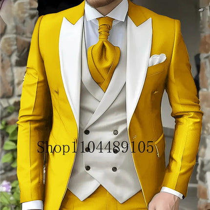 CN Jiangsu Men Slim Fit Wedding Three Piece Suit Peak Lapel by zapcart