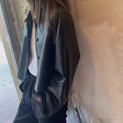 Women PU Leather Biker Jacket Loose Fit Black Autumn Coat by zapcart