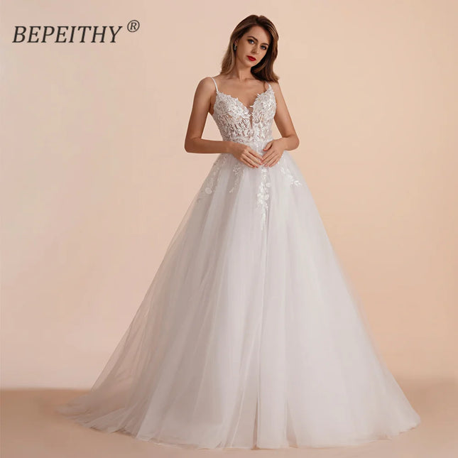BEPEITHY Boho Ivory Lace A Line Wedding Dress for Bride by zapcart
