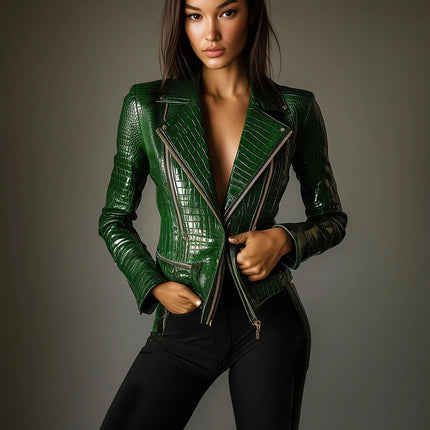 Women PU Leather Jacket Alligator Pattern Zipper Slim Fit by zapcart