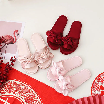 Wedding Slippers For Couples Satin Bow Flat Shoes Gift by zapcart
