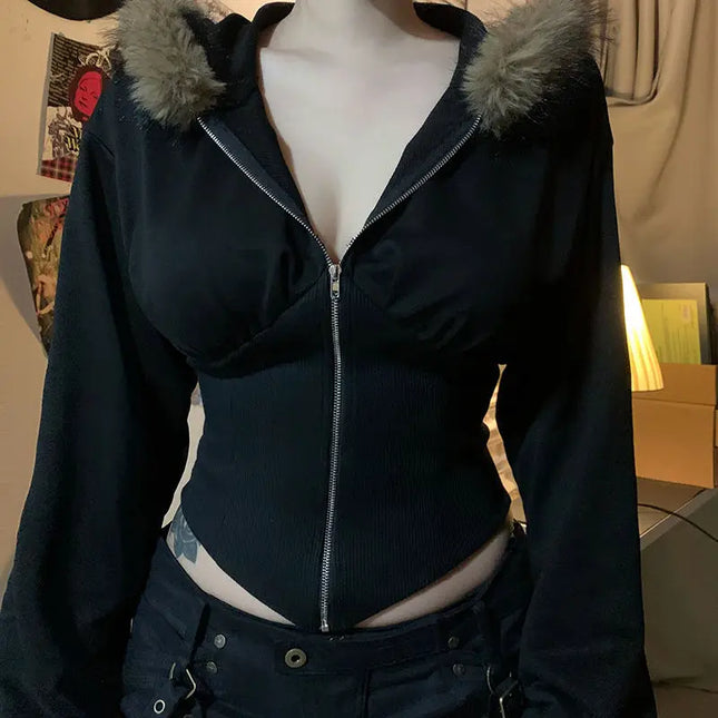 Vintage Punk Hoodies Y2k Crop Top Sexy Streetwear Gothic Grunge Women's Zipper Hooded Winter Slim Coat Hot Girl Aesthetic Hoody by zapcart