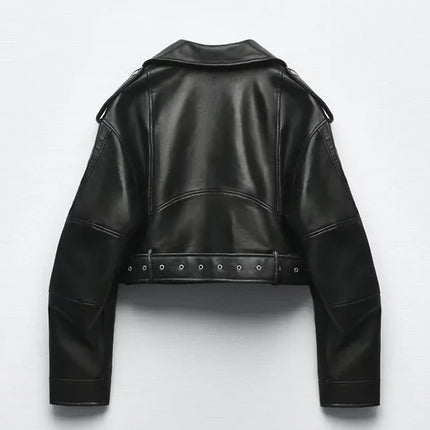 TRAF Women Oversized Vintage Faux Leather Jacket With Belt by zapcart