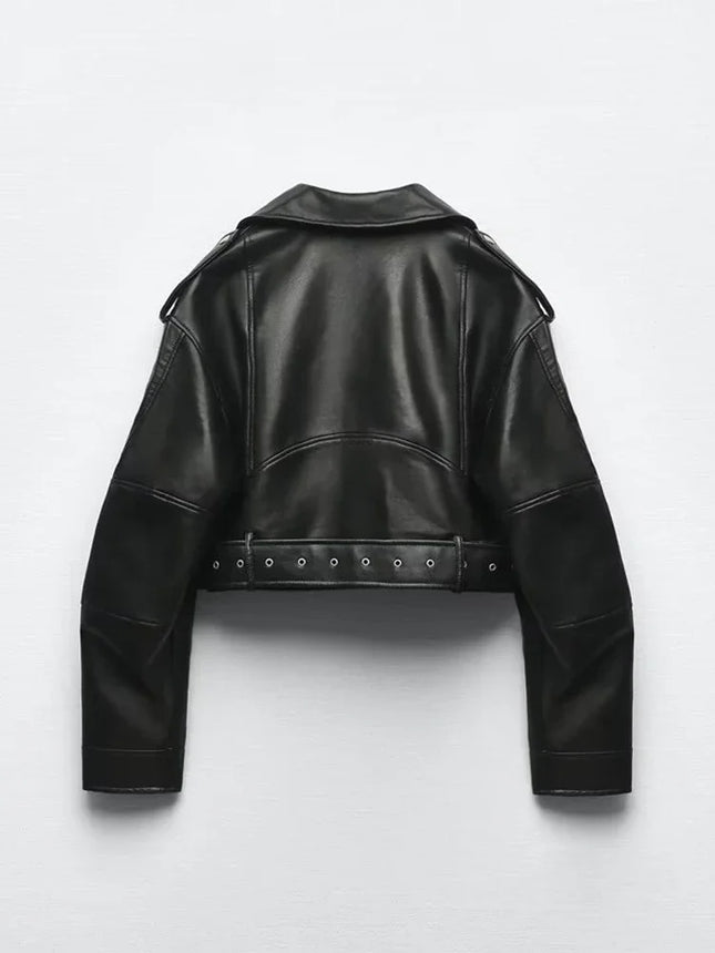 TRAF Women Oversized Vintage Faux Leather Jacket With Belt by zapcart