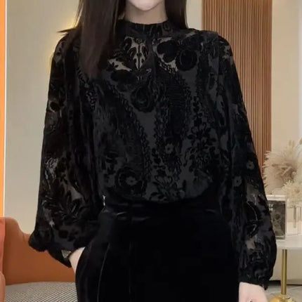 Elegant Lace Long Sleeve Shirt For Women Hollowed Mesh by zapcart