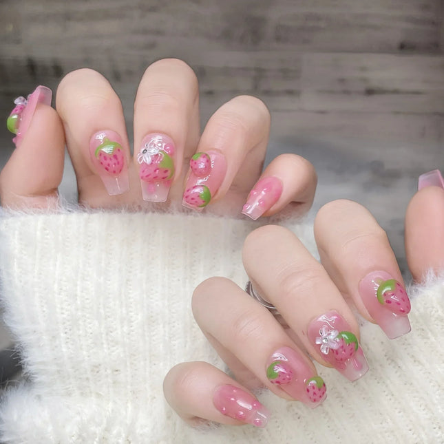Press On Nails Handmade Square Pink For Women Strawberry by zapcart