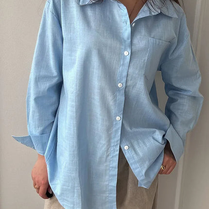 Blue Oversize Cotton Linen Shirt For Women Breathable by zapcart