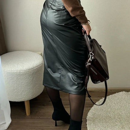 Women Midi PU Leather Skirt High Waist Front Slit Zipper by zapcart