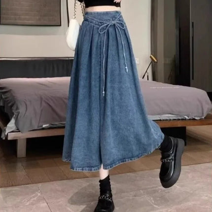 High Waisted Denim A Line Skirt Elastic Waist For Women by zapcart