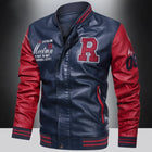 Men PU Leather Jacket Pilot Collar Moto Style Color Block by zapcart
