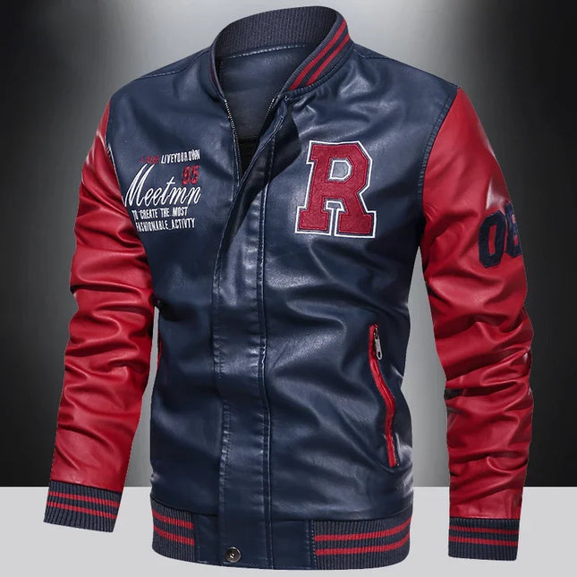 Men PU Leather Jacket Pilot Collar Moto Style Color Block by zapcart