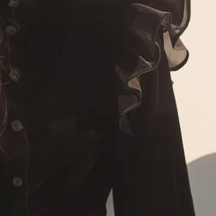 Black Velvet Blouse For Women Ruffled Stand Neck Top by zapcart